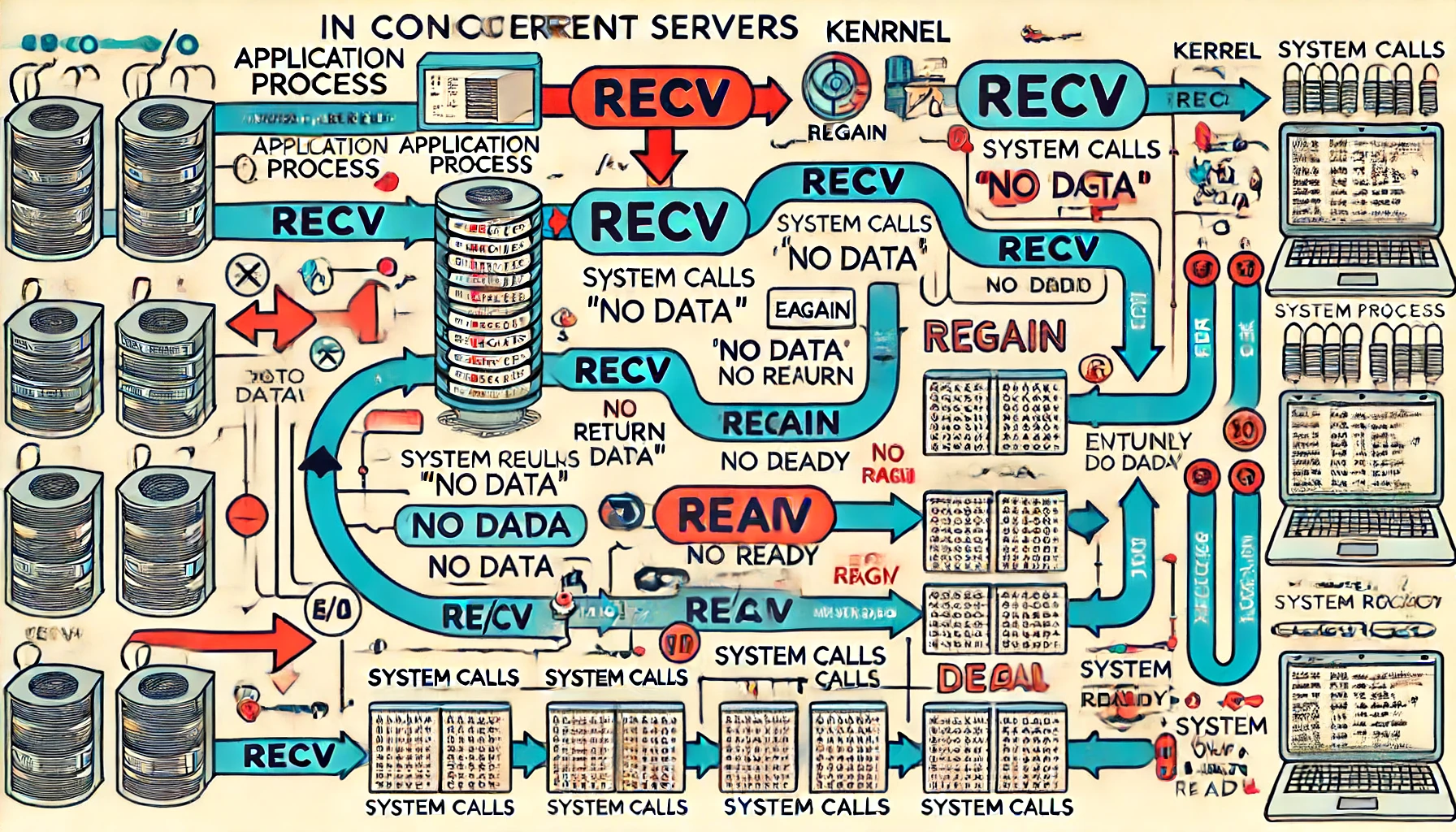 DALL·E 2024-06-14 02.21.34 - A diagram illustrating the process of handling I_O in concurrent servers. On the left side, labeled 'Application Process,' it shows multiple calls to .webp